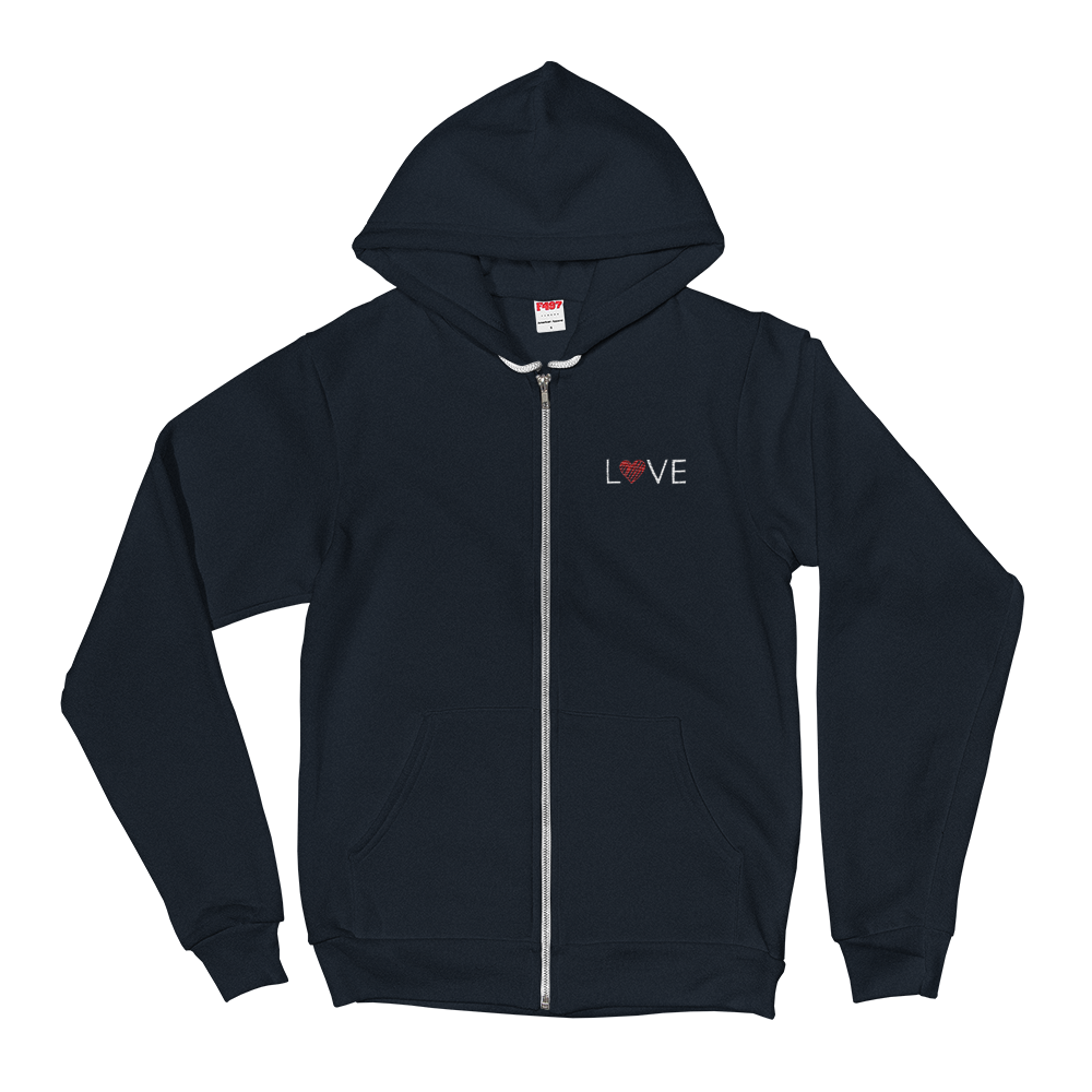 Zippered Hoodie Sweatshirt (LOVE - red heart/embroidered design)